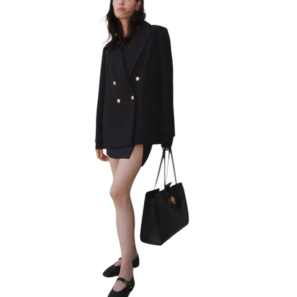 Black Double-Breasted Blazer Gold Embellished Crest Buttons 2X